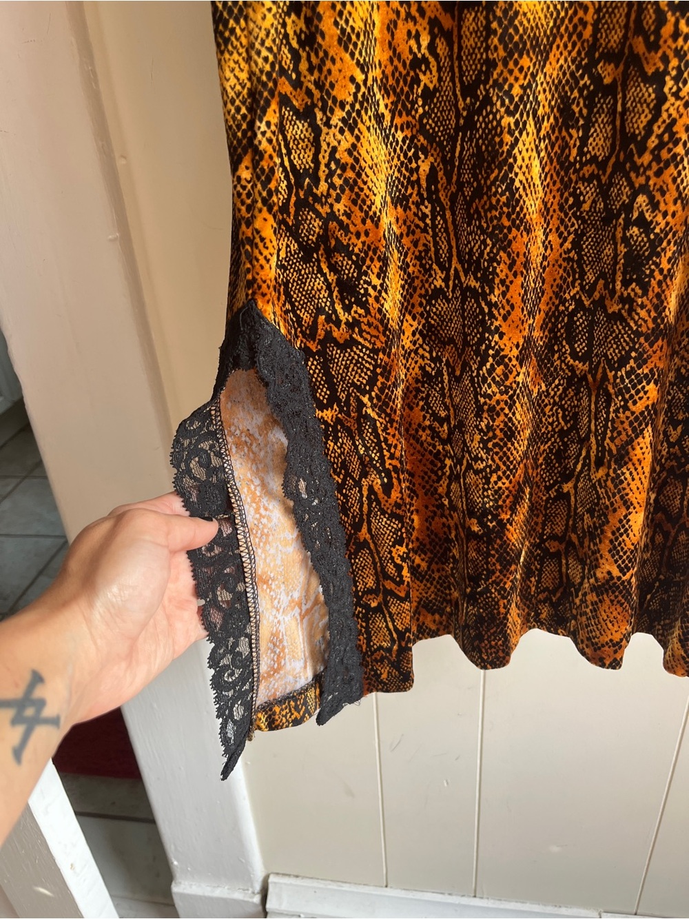 Vintage 1990s Betsy Johnson Snake Print Lace Trim Slip Dress in Yellow-Black - Picture 4 of 8